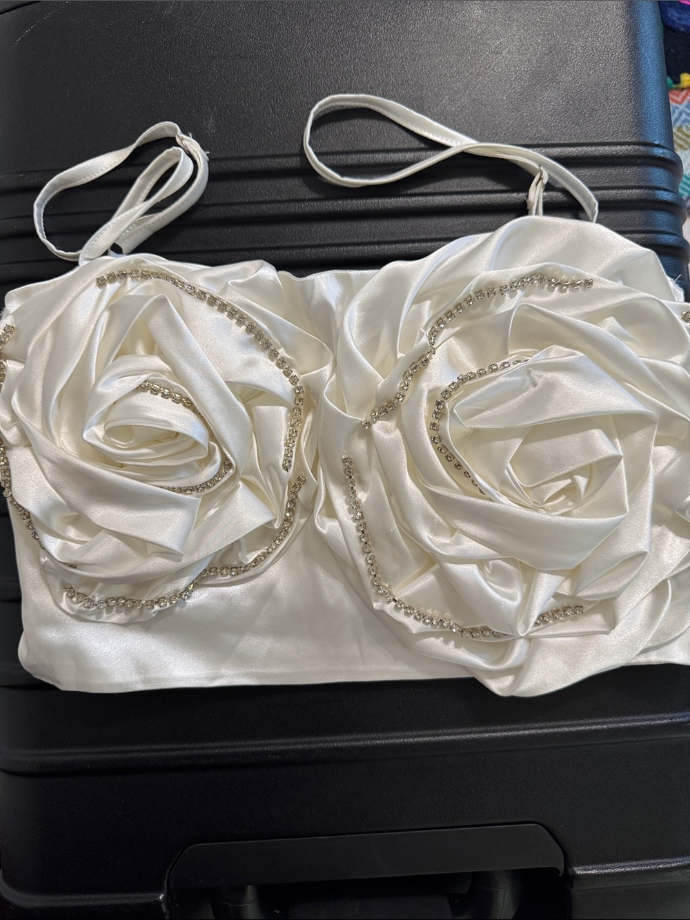 Hot & Delicious Ivory Satin Rose Appliqué Crop Top with Crystal Trim